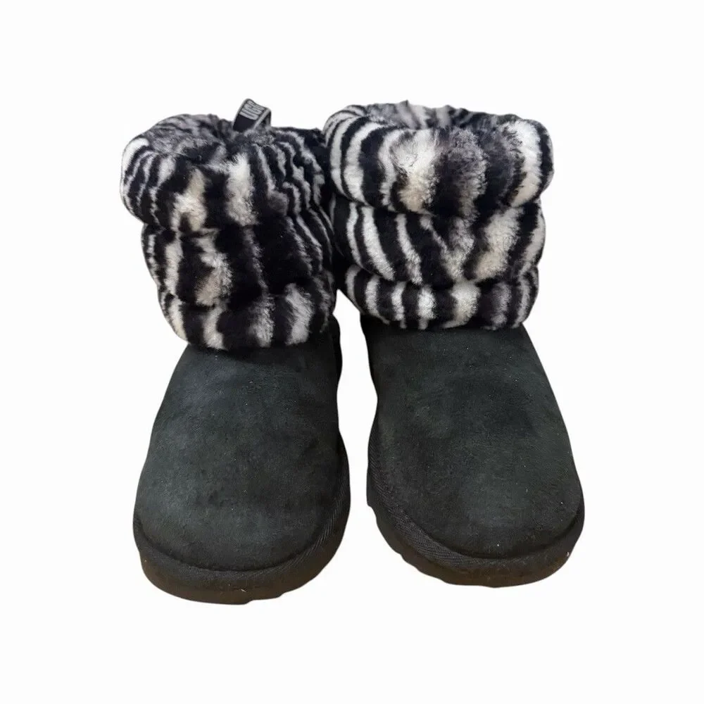 UGG Big Kids Sz 2 Fluff Mini Quilted Zebra Black White Suede Fur Boots